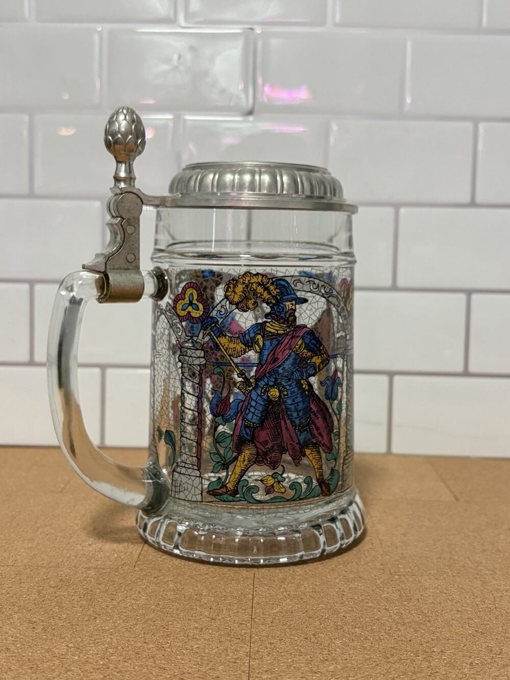 Vintage West Germany Glass Beer Stein Pewter Lid BMF Medieval Knight Tankard